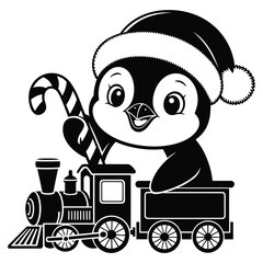 Cute penguin wearing a santa hat driving a train