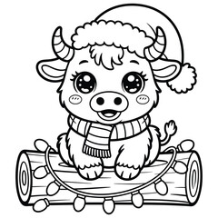 Cute cartoon bull wearing a santa hat and scarf