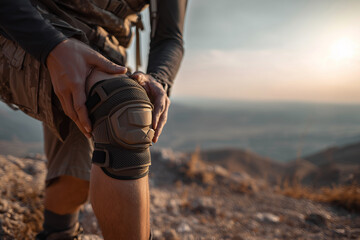 A man is wearing knee pads and is standing on a rocky hill