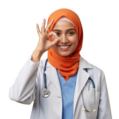 Smiling muslim doctor wearing orange hijab and white coat isolated on transparent background