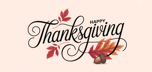 Elegant Happy Thanksgiving calligraphy with autumn leaves and acorn a festive design for greeting cards and seasonal promotions