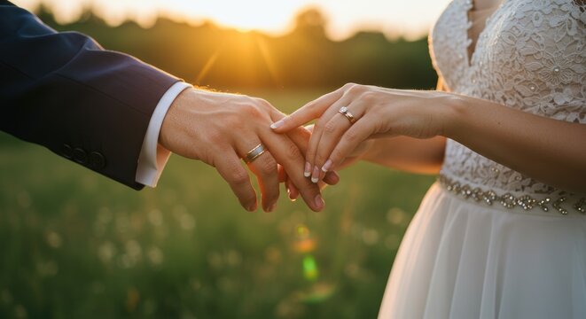 Couple holding hands displaying wedding rings during sunset - Powered by Adobe