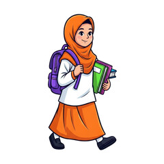 Young muslim girl with hijab and backpack carrying books isolated on transparent background