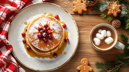 Christmas pancakes with cranberries and hot chocolate on a wooden background