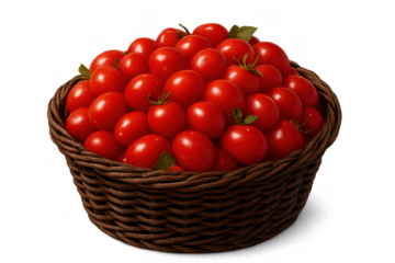 Cherry tomatoes overflow a wicker basket, representing fresh harvest, healthy food, and organic farm produce on transparent background