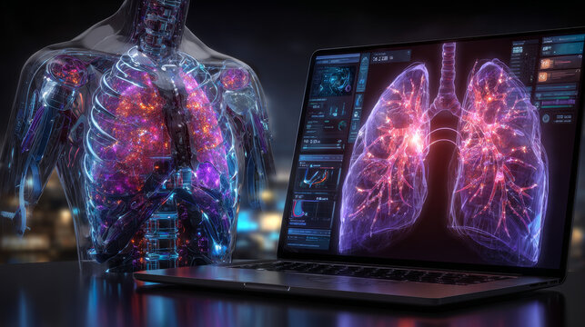 Artificial lung concept, lungs X-ray with advanced imaging device 3d rendering