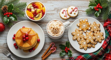 Festive Christmas Breakfast with Pancakes, Cookies, and Hot Chocolate