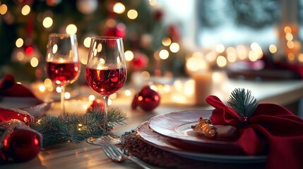 Elegant Christmas dinner setting with wine glasses, festive decor, and warm bokeh lights creating a cozy holiday celebration atmosphere