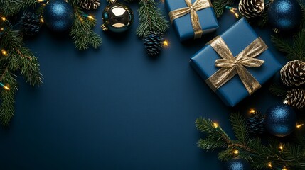 Elegant blue holiday gifts with golden ribbon, shimmering ornaments, pinecones, and warm fairy lights create a festive winter celebration backdrop