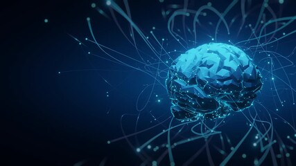 Abstract digital brain glowing blue neural connections dark background. Represents AI, machine learning, technology, data, intelligence, innovation, science. Ideal for tech, health, future concepts - Powered by Adobe