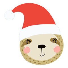 Obraz premium Sloth in a Santa Claus hat isolated on transparent. Hand drawn flat vector illustration. Cute cartoon character. Traditional Christmas, New Year, seasonal design element, holiday clip art