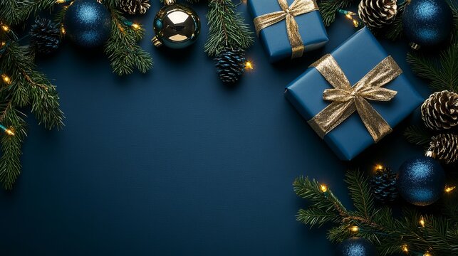Elegant blue holiday gifts with golden ribbon, shimmering ornaments, pinecones, and warm fairy lights create a festive winter celebration backdrop - Powered by Adobe