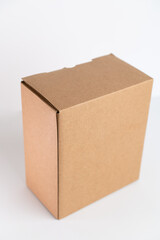 Mock-up of cardboard box, product and paracel packaging isolated on White background. Vertical orientation.