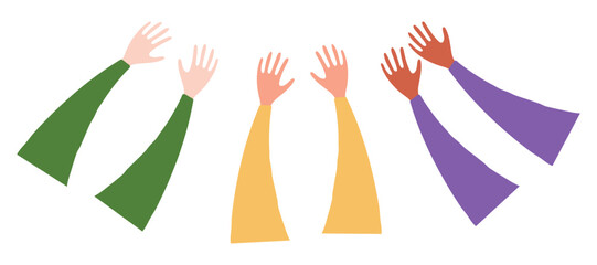 Tree pairs of human hands, arms isolated on transparent background. Hand drawn flat vector illustration. Cartoon body parts, design element, clip art