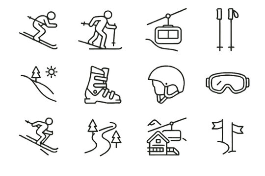 Lift skier icon goggles markers vector boots skiing slope ski poles collection