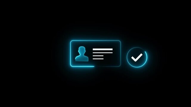 Professional businessman presents validated digital identity with glowing confirmation check mark, symbolizing trust and verification in modern business. neon frame document animation