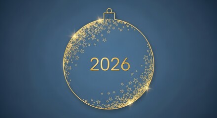 Elegant golden christmas bauble with the year 2026 illuminated on a dark blue background