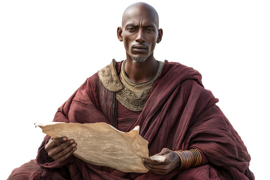 Full-body portrait of the Ethiopian Eunuch on transparent background, tall dignified man in ancient royal-style robe, biblical New Testament figure representing faith and spiritual transformation