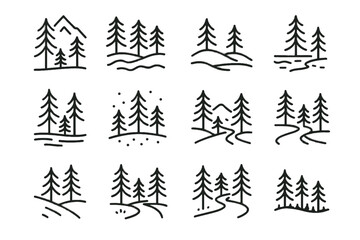 Hilltop valley icon pine tree silhouette vector trail field ridge path