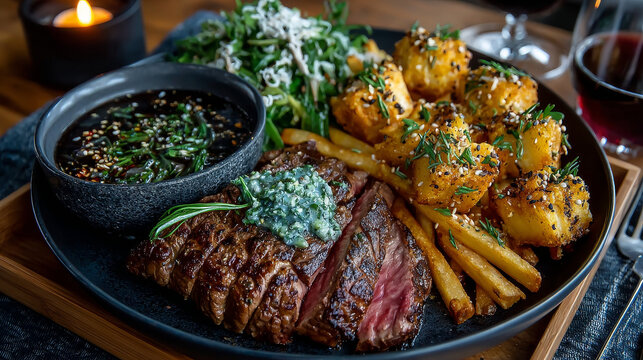 Flat lay view of steak french fried pommes or chips in full frame macro photography