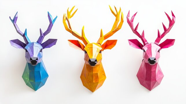 Vibrant geometric papercraft deer heads in striking blue purple yellow and pink create a modern artistic statement for stylish interiors