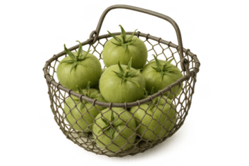 Freshly picked green tomatoes in a vintage wire basket showcasing organic farm produce on a transparent background