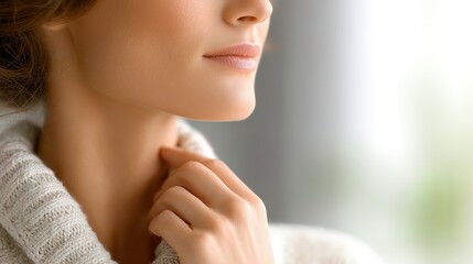 Close-up of a woman in a cozy sweater gently touching her neck while looking thoughtfully out of a window in soft natural light