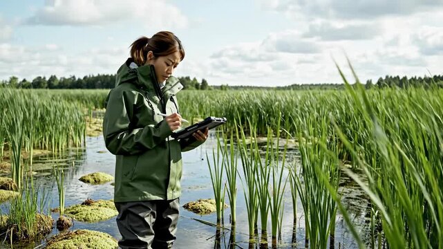 Young woman ecologist studying plants while standing in a swamp  