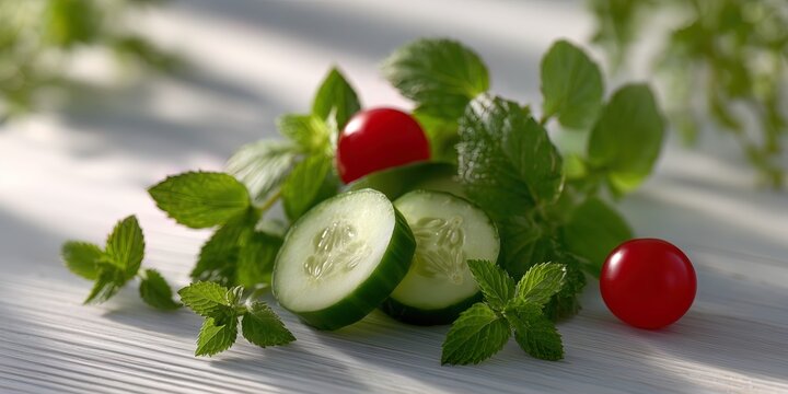 Fresh cucumber slices and cherry tomatoes with mint leaves on a wooden surface in bright natural light - Powered by Adobe