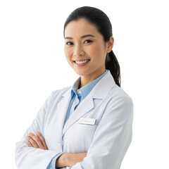 Smiling asian woman doctor wearing lab coat isolated on transparent background