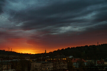 Stormy sky during sunrise over the city of Kamienna Góra. Lower Silesia, Poland © stockcrafter