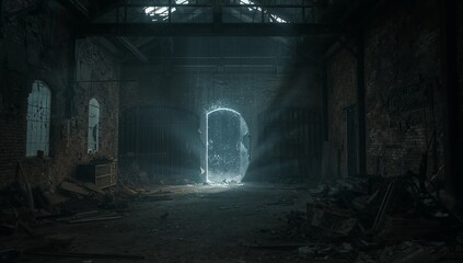 Mysterious glowing portal beckons from within a dark, abandoned industrial warehouse with debris scattered around
