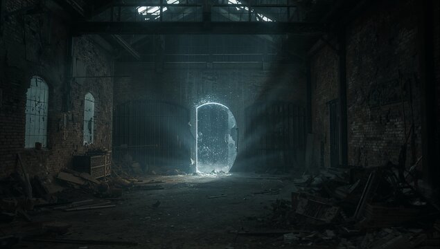 Mysterious glowing portal beckons from within a dark, abandoned industrial warehouse with debris scattered around - Powered by Adobe