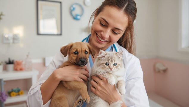 Caring veterinarian lovingly holds adorable puppy and fluffy kitten showcasing compassion and dedication to animal health