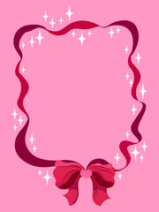 Hand-drawn vector illustration. A whimsical frame of red ribbons with a bow on a soft pink background. A trendy illustration for designing cards, invitations, and greetings for Valentine's Day. 