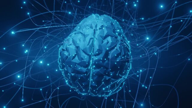 Digital brain, glowing blue neural connections, abstract AI concept. Represents thought, intelligence, technology, network, data, innovation. Science, future, communication.