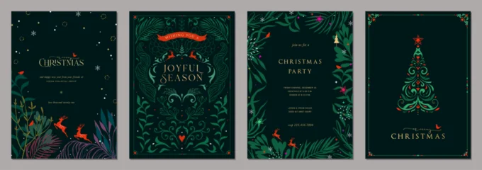 Selbstklebende Fototapeten Marienkäfer Elegant Botanicals Holiday cards. Abstract creative templates with Christmas tree, reindeers, birds, ornate floral frames and backgrounds.  © KatyaKatya