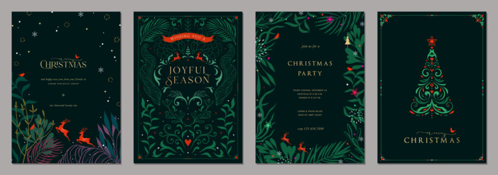 Elegant Botanicals Holiday cards. Abstract creative templates with Christmas tree, reindeers, birds, ornate floral frames and backgrounds.
