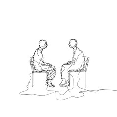 Two figures sitting facing each other in chairs rendered with a single continuous line drawing style art