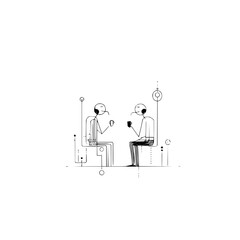 Two minimalist figures sitting and drinking coffee in a black and white line art illustration