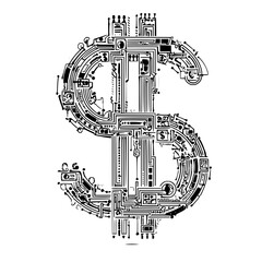 Obraz premium A dollar sign intricately designed with circuit board patterns on a white background illustration