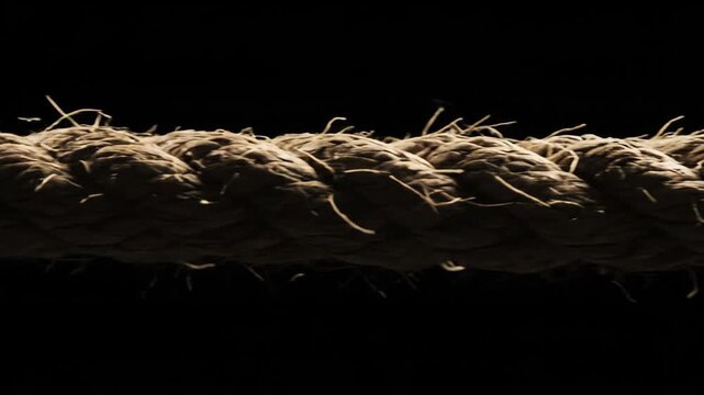 A thick, knotted rope under immense tension suddenly snaps and breaks.