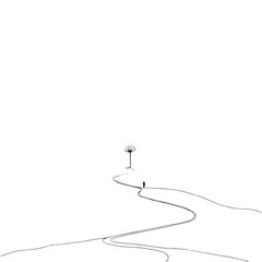 A minimalist drawing of a person walking on a winding path towards a flower like structure on a hill top