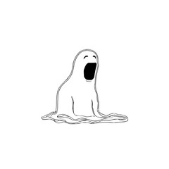 A whimsical drawing of a cartoon ghost with a gaping mouth and a flowing, amorphous body on white background