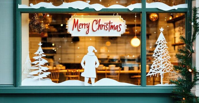 Festive window display shows holiday greetings, trees, figure. Interior visible with blurred tables, lights. Winter scene. - Powered by Adobe