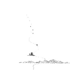 Fototapeta premium A winding path leads from mountains to a small structure with birds flying above in black and white