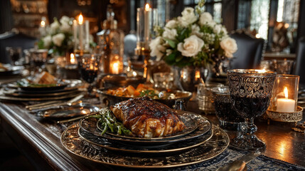 Fototapeta premium Thanksgiving diner with turkey, autumn vegetables, pumpkins, spices, onions, garlic, warm light and candles, 3d rendering