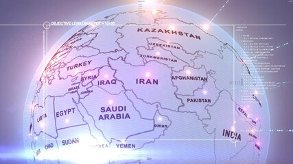  A futuristic digital globe showing the Middle East region with glowing data points and HUD-style interface elements overlaying country labels, animation - Powered by Adobe
