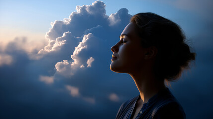 Multiple exposure clouds on woman's silhouette faceless mental health concept defocused weather dependent background psychological wellbeing emotional state visualization atmo