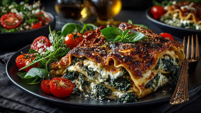Large portion of healthy colorful vegetable lasagne made with assorted fresh veggies layered with melted mozzarella and pasta served on a white plate